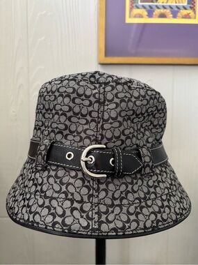 Coach Black & Gray Signature Print Bucket Hat with Belt Detail